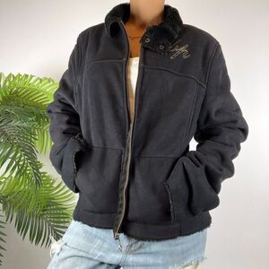 Vintage Y2K Baby Phat Black Suede Streetwear Faux Fur Indie Grunge Jacket / XL